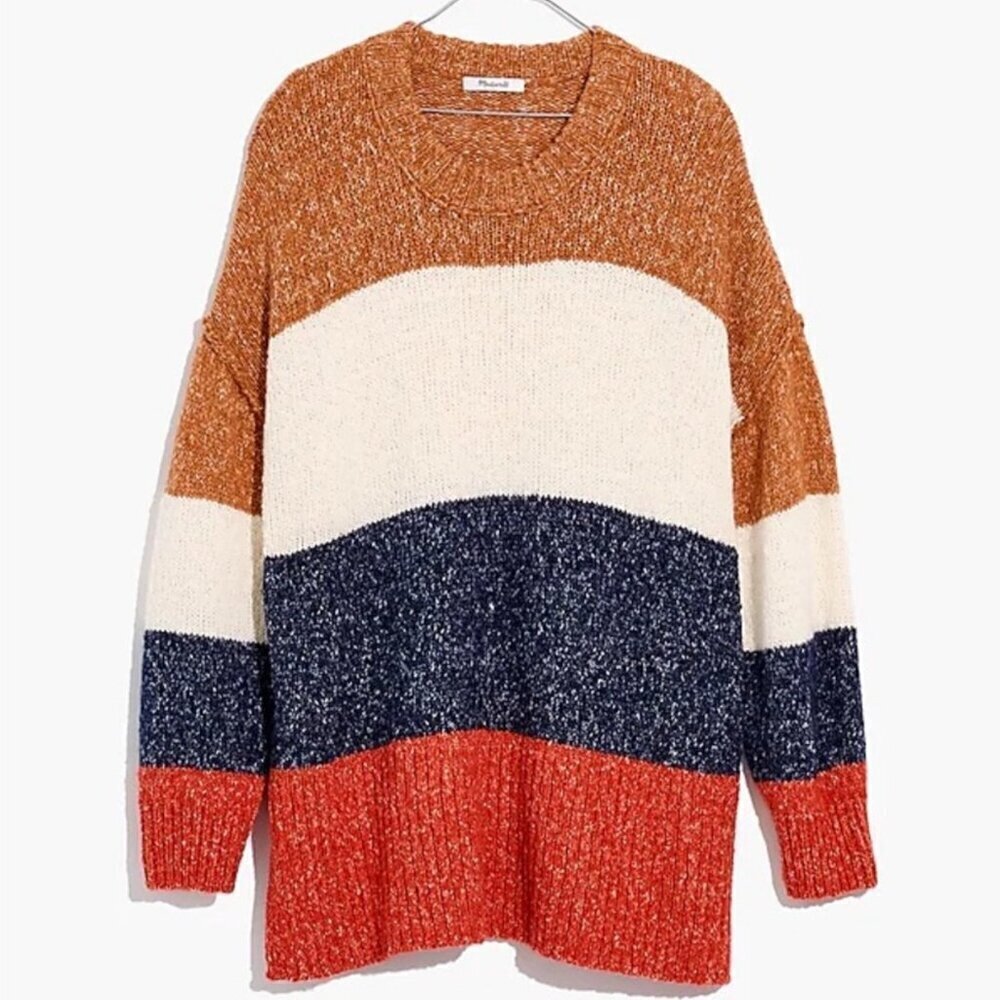 Madewell Striped Baxter Sweater Tunic Marled Umber Cozy Size Small. B30